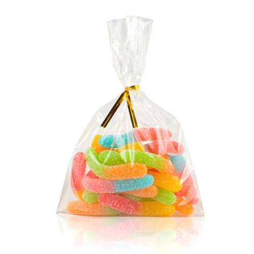 Clear Treat Bags 100 PCS Cellophane Bags Clear Candy Bags with 100 PCS Metallic Twist Ties For Candy Popcorn Cookie Small (4''by 6'')