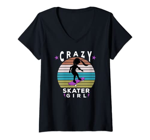 Mujer Monopatín para niña, Crazy Skater Girl colores retro Camiseta Cuello V