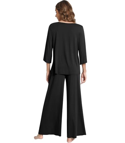 NACHILA Women's Pajamas Set 3/4 Sleeves Pjs V Neck Sleepwear Soft Loungewear with Wide Leg Pants, Viscose Made from Bamboo Black M — view 3