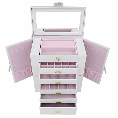 AKOZLIN Extra Large 6-Tier Jewelry Box Organizer with Mirror, 5 Drawers Leather Jewelry Storage Case for Women Girls Ring Necklace Earring Bracelet White by AKOZLIN - Image 6