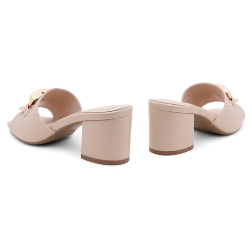 Image of Shoe Land Women's Low Block Heels 2025 - Square Open Toe Slip-On Mules with Metal Chain, Comfortable Chunky Dressy Heeled Slides for Wedding, Office, Party & Everyday Wear