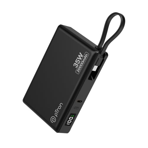 Image of pTron Dynamo Sprint 20000mAh Power Bank w /Built-in Charging Cable, 35W Super Fast Charging, USB Type-C Input Powerbank Compatible with QC3.0 /PD3.0, 3 Charging Outputs, Type-C Input /Output Port(Black)