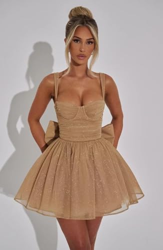 Sparkly Tulle Homecoming Dresses with Bow Spaghetti Straps Short Prom Dresses A Line Cocktail Party Gowns2