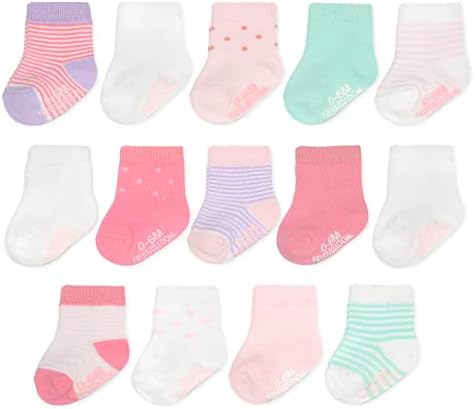 Fruit of the Loom Baby 14-Pack Grow & Fit Flex Zones Cotton Stretch Socks - Unisex, Girls, Boys (6-12 Months, Pink Stripe)
