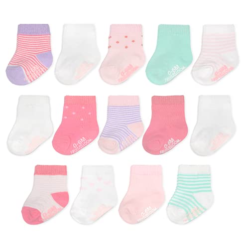Fruit Of The Loom Baby 14-Pack Grow & Fit Flex Zones Cotton Stretch Socks - Unisex, Girls, Boys (6-12 Months, Pink Stripe) #TOP3