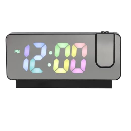 Reloj Despertador de Proyección, Reloj con Espejo LED de Escritorio, Giratorio con Números Coloridos, Brillo Ajustable de 12H 24H para Dormitorio y Oficina (caparazón Negro)