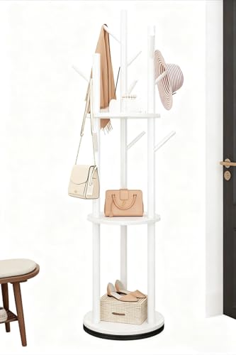 ULOVEJOY ポールハンガー 木製 回転式 3 段棚付き スリムコートハンガー 省スペース 組立簡単 コートハンガー ハンガーラック 帽子掛け 玄関収納 (ホワイト)