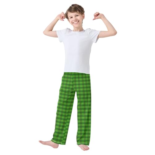 Green Plaid Boys Long Pants Soft Trousers Elastic Waist Kids Lounge Bottoms with Pockets S-XL2