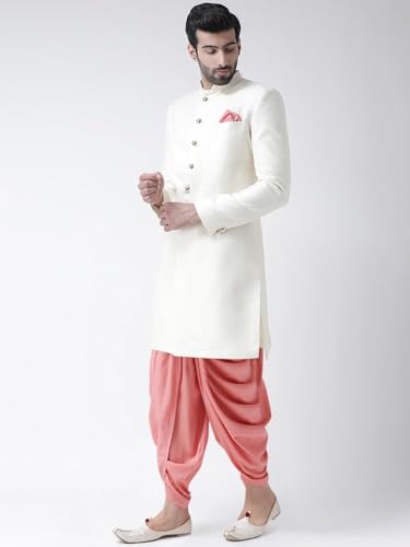 Kisah Men's Indo-Western Sherwani Dhoti Set, White Jacquard Woven Design Regular Fit Mandarin Collar Long Sleeves (M)