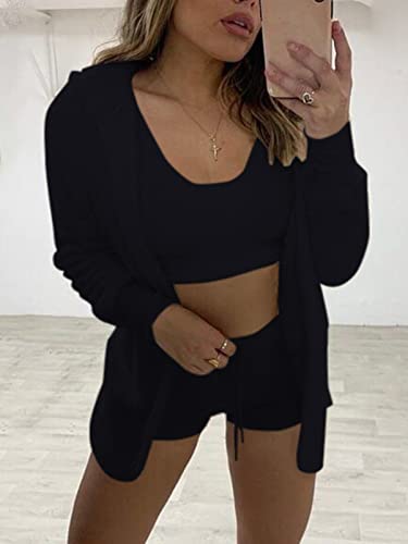 Famnbro Womens Sexy Fuzzy 3 Piece Outfits Fleece Warm Hooded Cardigan Crop Top Shorts Set Pajamas Loungewear