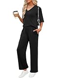 LOMON Two Piece Set for Women Fall Clothes 3/4 Sleeve Tops and Long Pants Travel Vacation Outfits with Pockets (Black L)