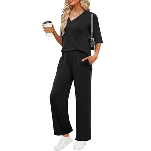LOMON Women's 2 Piece Lounge Pajama Sets Soft 3/4 Sleeve Tops and Wide Leg Pants Loose Casual Outfits with Pockets Black Large