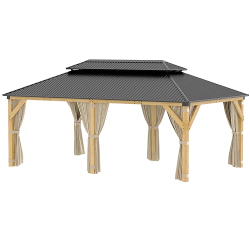 EliteEdge Hardtop Spruce Wood Gazebo 12'x20', with Double Roof of Metal Sheets, 4.7'' Heavy Duty Poles, Net, and Curtain, Permanent Building for Patio, Deck, Backyard, Lawn, and Garden-Khaki