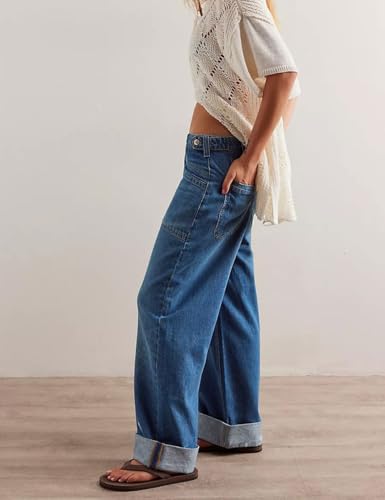 Women's Wide Leg Jeans Mid Waisted Stretchy Straight Leg Pants Palmer Cuffed Jeans with Pockets3