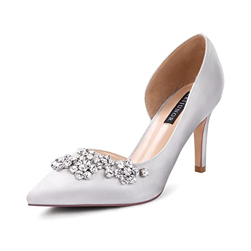 ERIJUNOR Pointy Toe Mid Heels Pumps Rhinestones Evening Party D’Orsay Satin Shoes for Women