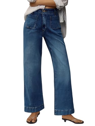 Womens High Waisted Wide Leg Jeans Trendy Stretchy Loose Flare Baggy High Rise Denim Pants with Pocket