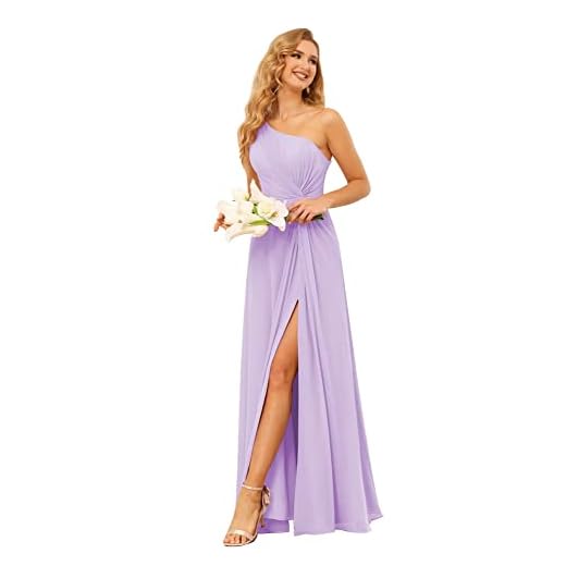 SYYS Long Bridesmaid Dresses 2023 with Slit One Shoulder Flowy Chiffon Elegant Formal Dresses with Pockets Lilac 6