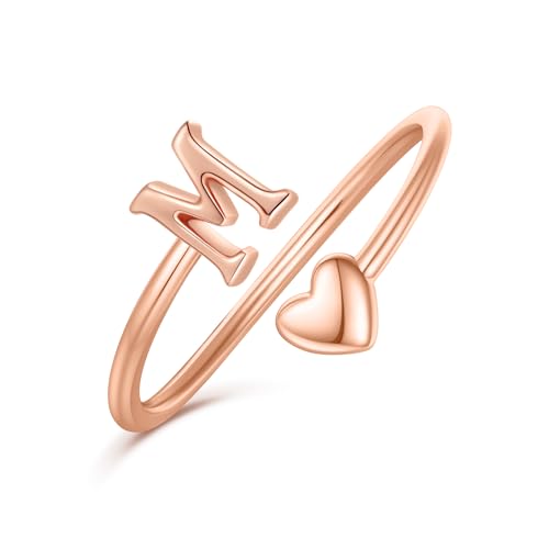 Ailetop Heart Initial Rings for Women, Rose Gold Rings for Women Teen Girl Gifts Trendy Stuff Stackable Letter M Initial Heart Ring for Teen Girls, Mothers Gifts for Mom Wife Grandma Daughter Sister