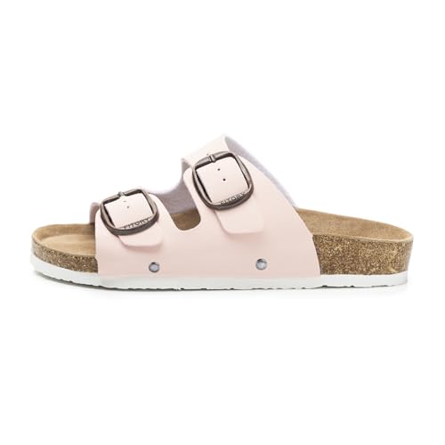 Image of FITORY Womens Flat Sandals with Cork Footbed, Open Toe Arch Support Slides Adjustable Slip On Slippers for Summer 2026 Size 6-11