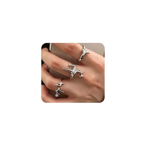 Y2k Silver Star Rings for Women Men Cool Rhinestone Stacking Rings Personalized Chunky Open Knuckle Ring Set Funky Star Jewelry Accessories Gifts
