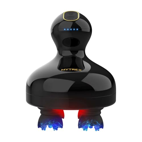 MYTREX Head Spa Pro Masajeador Facial y Capilar con EMS – Estimula el Crecimiento del Cabello – Terapia de Luz Roja, 12 Accesorios y 5 Niveles de Intensidad – Resistente al Agua – Modelo MTEHP22B