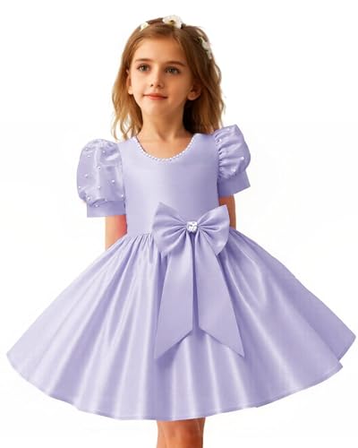 Satin Flower Girl Dresses for Wedding Beads Vintage Pageant Dress First Communion Gown with Bow Knot