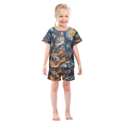 ALAZA Cat Playing Guitar Van Gogh Pajamas Set Short Sleeve Cotton Sleepwear Summer Pjs 2 Piece 5-14Y3