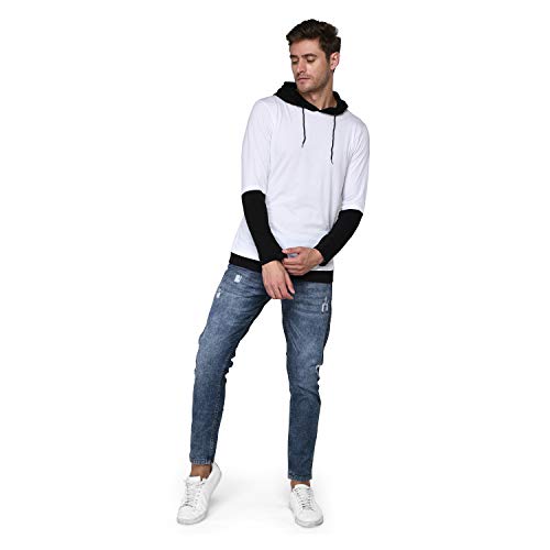 Image of SXV Solid Colorblocked T-Shirt Hoodie for Men (Black & White)