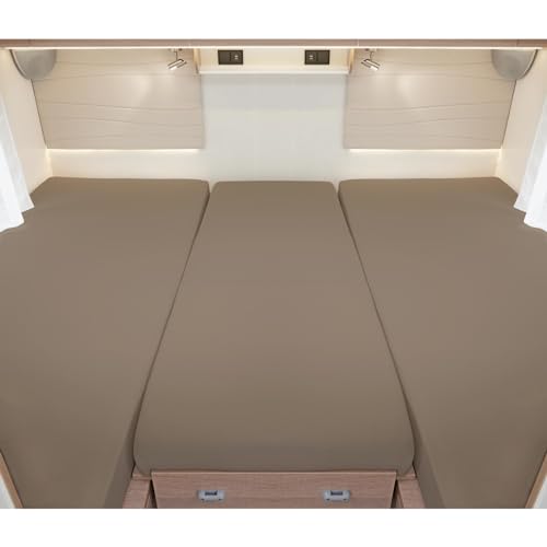 G BETTWARENSHOP – Spannbettlaken für Wohnmobile & Wohnwagen – Spannbetttuch Set 3-teilig für 2 Längsbetten + Mittelteil – Jersey Bettlaken für Heckbetten 2 Längsbetten + Mittelteil, Taupe