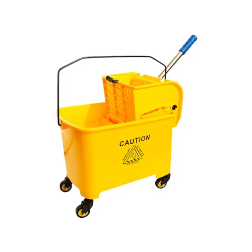 Carro escurridor con 4 ruedas – Amarillo | Cubo exprimidor de fregona de 20 L con precaución para suelos húmedos Carrito de limpieza comercial para negocios, hospitales, escuela