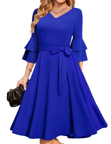 Image of DRESSTELLS Women's Cocktail Dress Summer Wedding Guest Party Vintage 3 /4 Bell Sleeve V Neck A-Line Dress