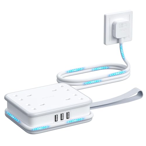 NTONPOWER 4 Way Extension Lead with USB Slots(3 USB-A Ports), Wall Mounted Extension Lead with 3250W 13A 1.6M Extension Cord