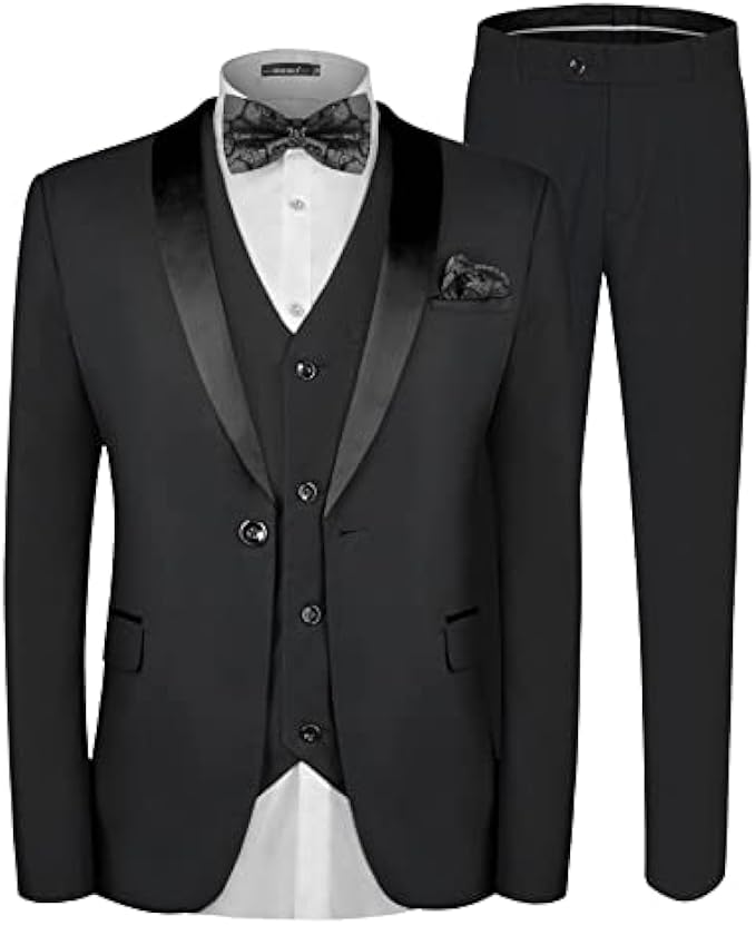 MAGE MALE Men's Slim Fit 3 Piece Suit One Button Solid Shawl Lapel Blazer Jacket Vest Pants Set with Tie Pocket Square