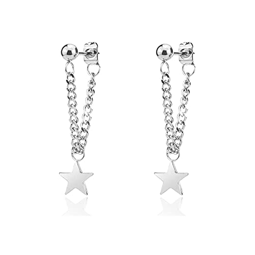 Fusamk Punk Rock Stainless Steel Star Stud Earrings Chain Dangling Drop Earrings #TOP21