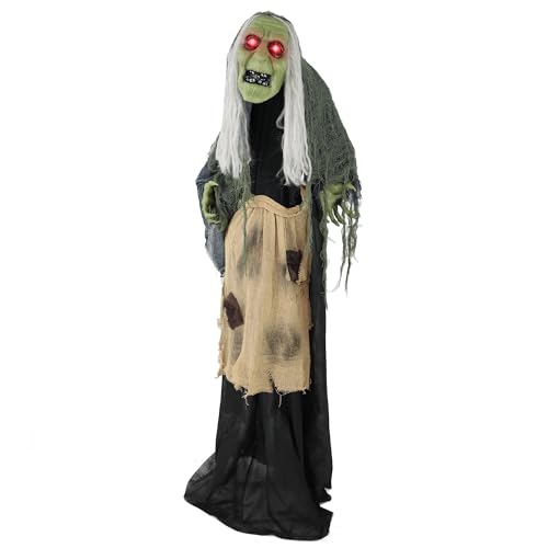 Haunted Hill Farm Lifesize Animatronic Scary Talking Witch with Motion Activated Lights and Sound, Battery-Operated Indoor or Covered Outdoor Halloween Decoration