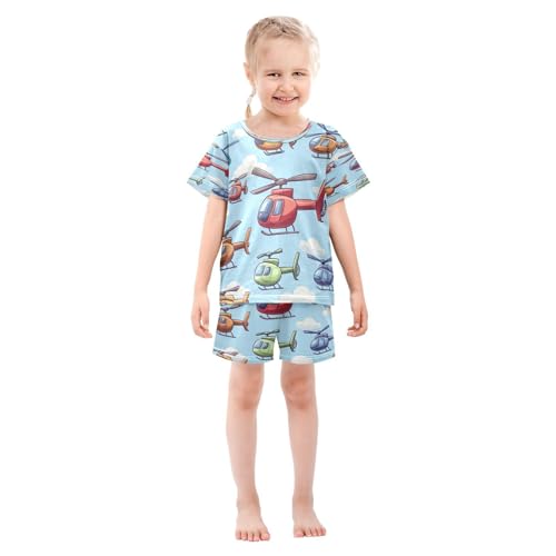 Pajama Sets Short Sleeve Helicopter Pattern Sky Background Soft Cotton Summer Sleepwear 2 Piece PJS Size 5-14T4