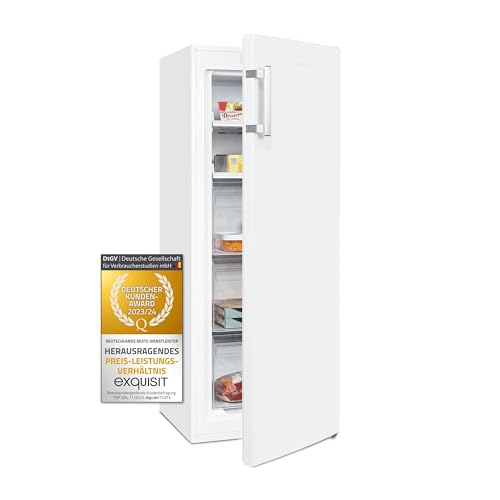 Exquisit® Congelador Vertical, 161L, Clase D, Color Blanco, Tecnología No-Frost, Alarma de Puerta Abierta, Cajones y Pies Ajustables, Puerta Reversible, Consumo 166 kWh/año, Medidas 143x54x60 Cm.
