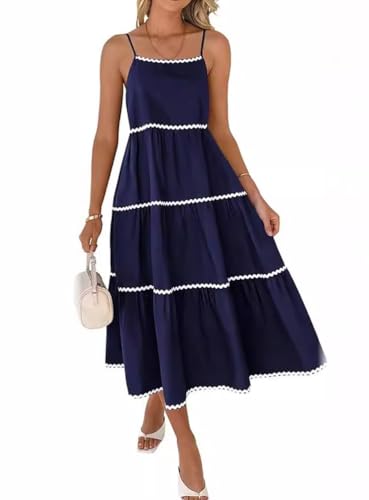 Robe d'été à bretelles spaghetti fluide en dentelle smockée mi-longue coupe en A pour femme