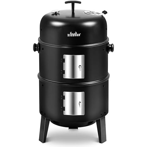 BIG HORN OUTDOORS Charcoal Smoker Grill Wood Smoker Grills Outdoor Cooking 16 Inch Vertical Smoker Portable BBQ Grill for Camping, Black Cover