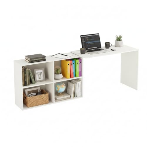 Image of FURNEASER Maggen Engineered Wood Rotatable Study Table, L-Shaped Corner Computer Desk, Laptop Workstation for Home Office, WFH Desk, Gaming Space Saving Rotating Table with Bookcase (White)