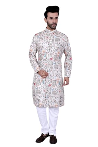Men's Multicolor Ethnic Motifs Printed Kurta, Knee Length, Mandarin Collar, Regular Fit