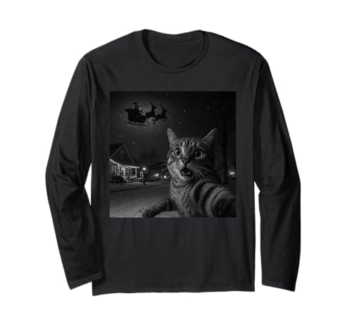 Divertida Navidad Sorprendido Gato Asustado Selfie Santa Claus Navidad Manga Larga