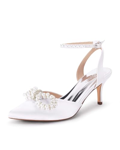 Coutgo Womens Bowknot Heels Pumps Stiletto Closed Pointed Toe Pearl Ankle Strap Wedding Dress Shoes