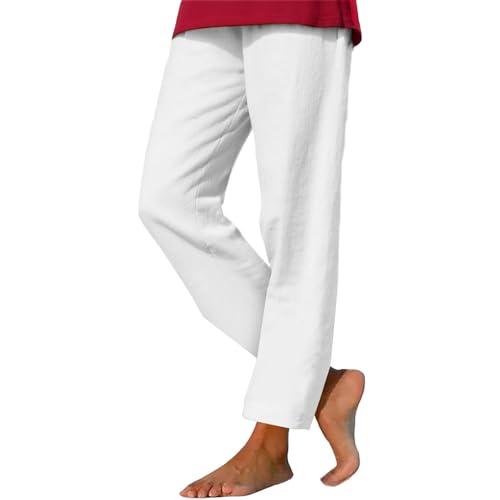 Mujer Pantalones de Lino Verano Frescos Cintura Alta Elástico Largo Pantalón Anchos Causal Pantalon Rectos Suelto con Bolsillos Cordón