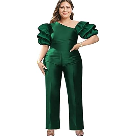 ONTINVA Women's Irregular Neck Pleated Puff Sleeve High Waist Shiny Jumpsuits (Green,L,Large) Cover