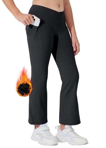 Willit Girls' Fleece Lined Pants Yoga Crossover Leggings Bootcut Thermal Winter Pants Water Resistant