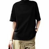 ハイネックカットソー レディース コットン 五分袖 タートルネック クラシカル 重ね着 半袖 半袖Tシャツ 綿 ボトルネック 春夏 秋 tシャツ 白 黒 大きいサイズ インナー シンプル 体型カバー 通勤通学 伸縮性 オフィス-ブラック||XL