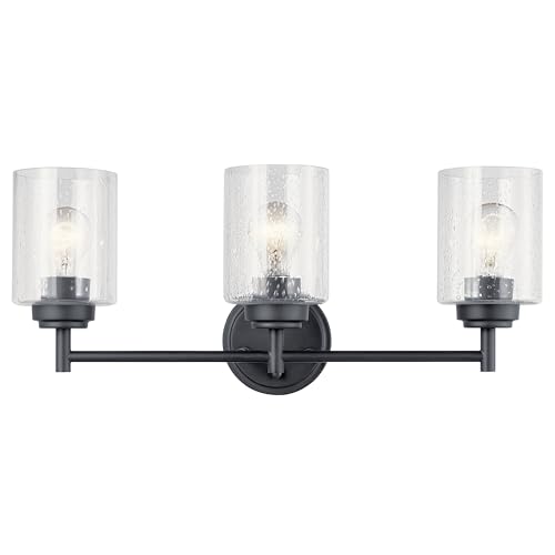 Image of Kichler Winslow 21.5 inch 3-Light Bathroom Vanity Light Fixture with Clear Seeded Glass in Black, Modern Wall Mount Lighting for Mirror over Vanity in Bathroom, 45886BK