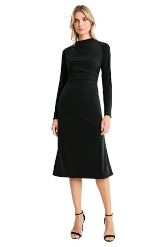 Maggy London Women's Elegant Midi Long Sleeve Mock Neck A-line Silhouette-Ruched Waist Party Cocktail Wedding Guest Dress