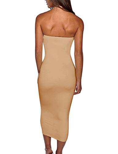 Boriflors Women's Basic Sleeveless Tube Top Sexy Strapless Bodycon Midi Club Dress,Small,Khaki #TOP4